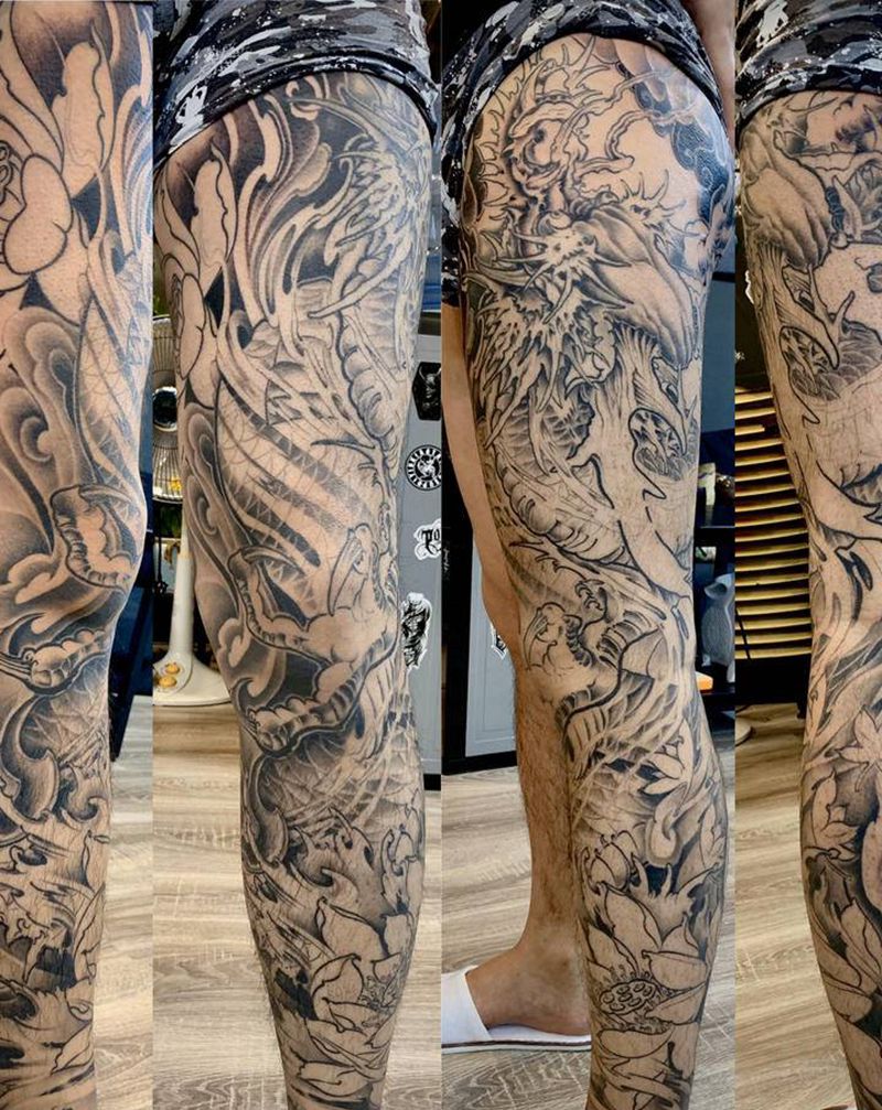 龙腿 未完成纹身图片_腿部新传统纹身图案