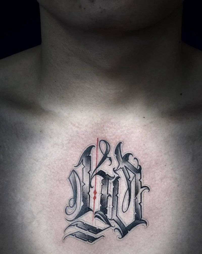 KD纹身图片_胸部花体字纹身图案