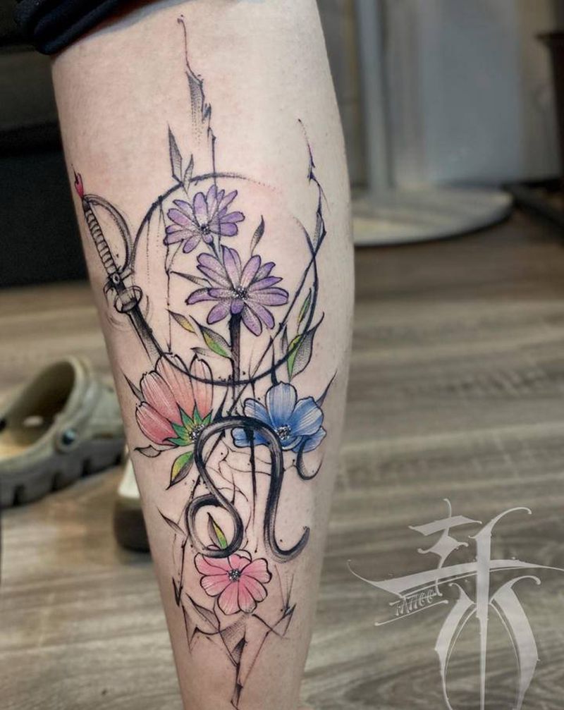 小清新 狮子座纹身图片_腿部水彩纹身图案