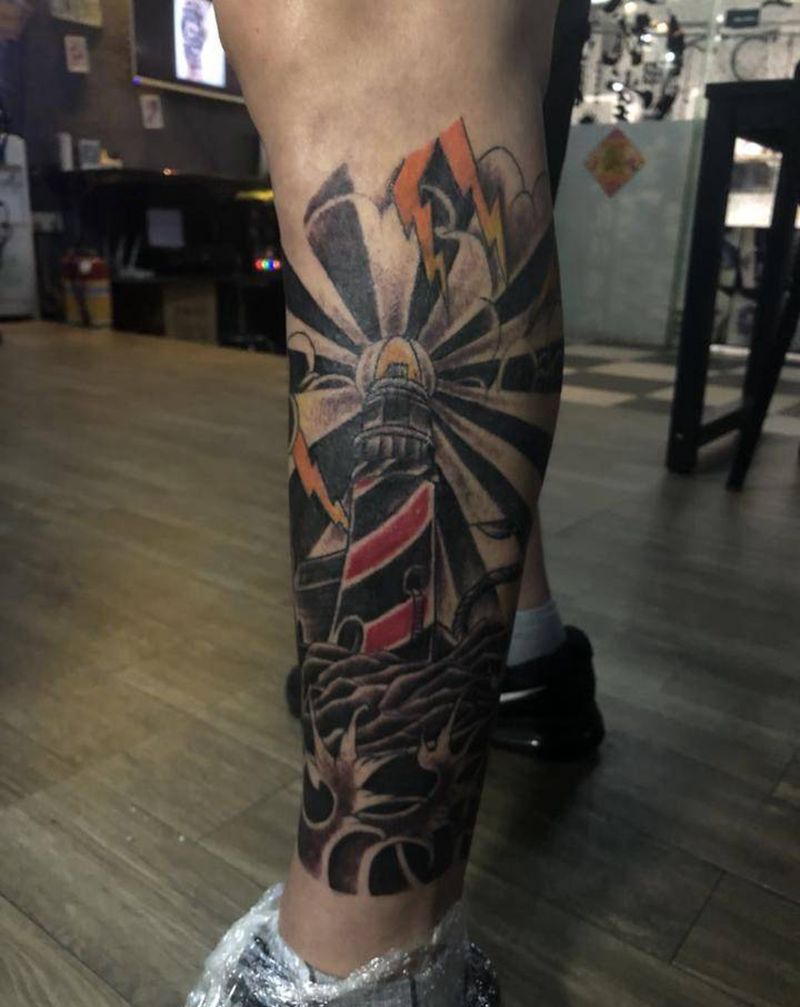 灯塔纹身图片_腿部Old School纹身图案