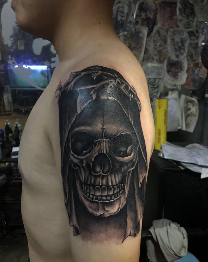 ☠️骷髅纹身图片_手臂欧美写实纹身图案