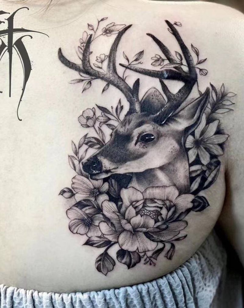 鹿 遮盖纹身图片_肩部Old School纹身图案