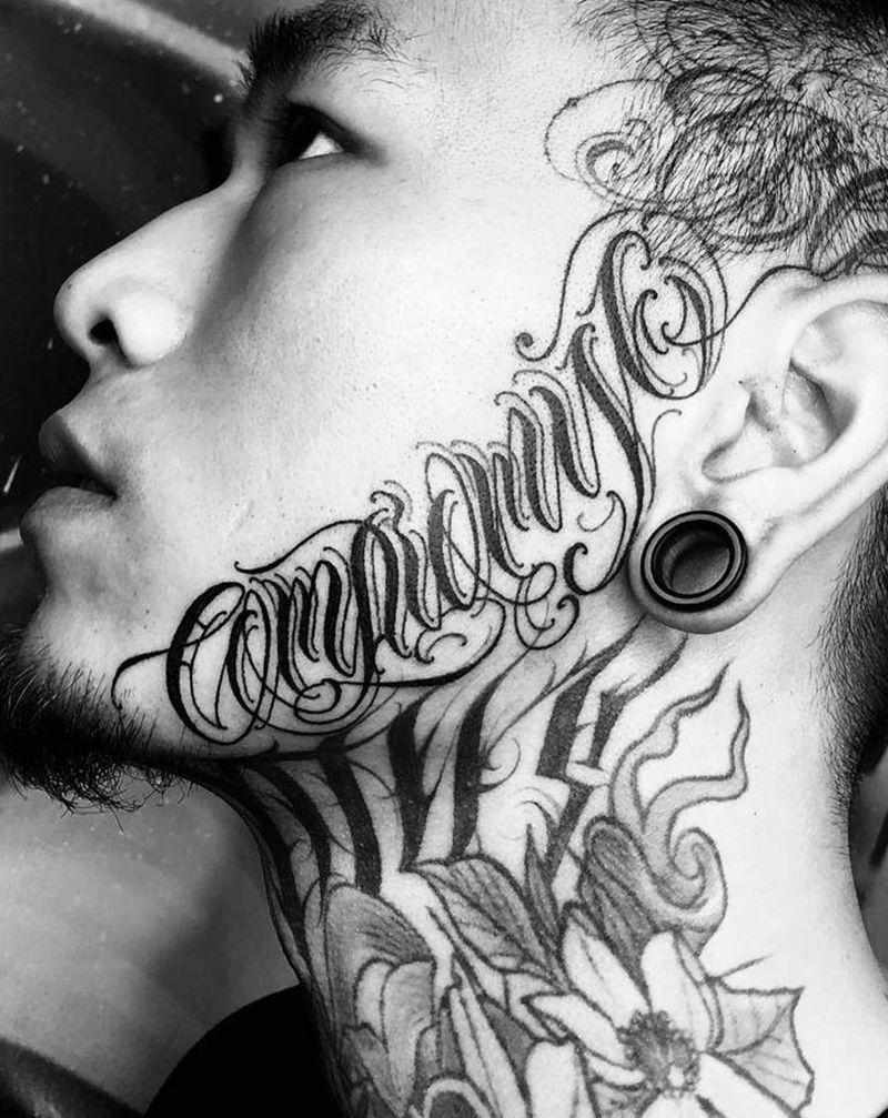 字纹身图片_颈部花体字纹身图案