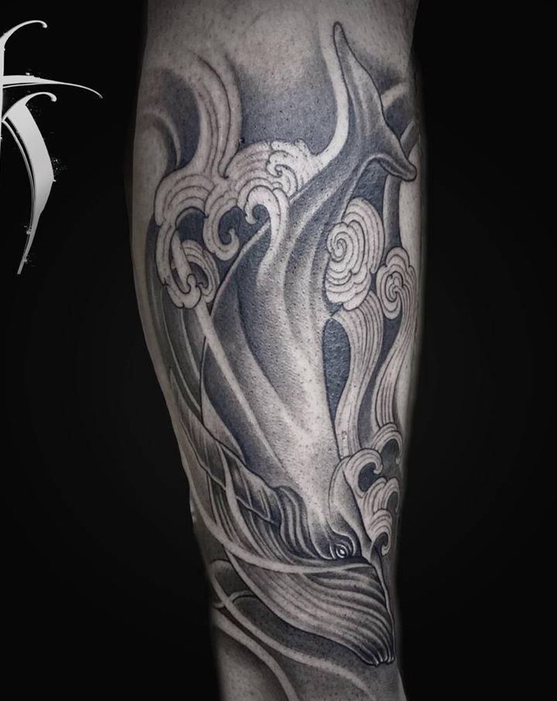 鲸鱼纹身图片_腿部Old School纹身图案