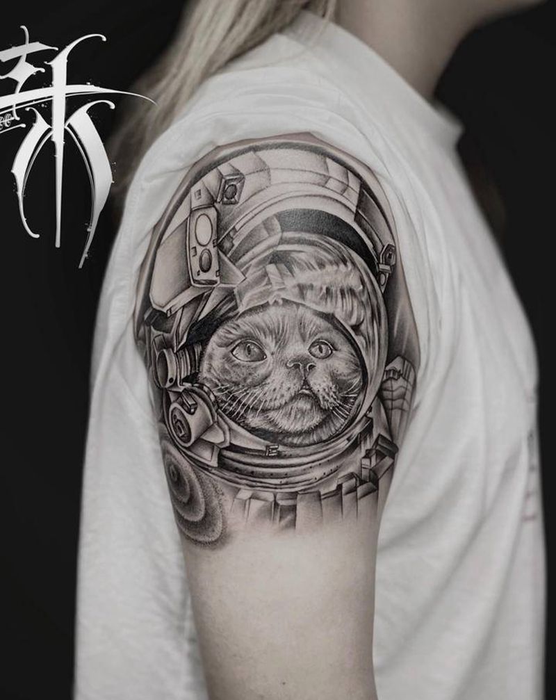 太空 猫纹身图片_手臂欧美写实纹身图案