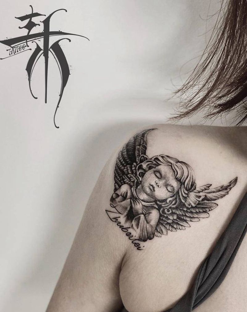 天使 遮盖纹身图片_肩部点刺纹身图案