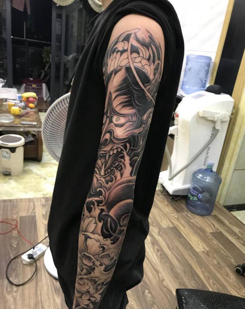 牡丹般若花臂纹身图片_手臂纹身图案