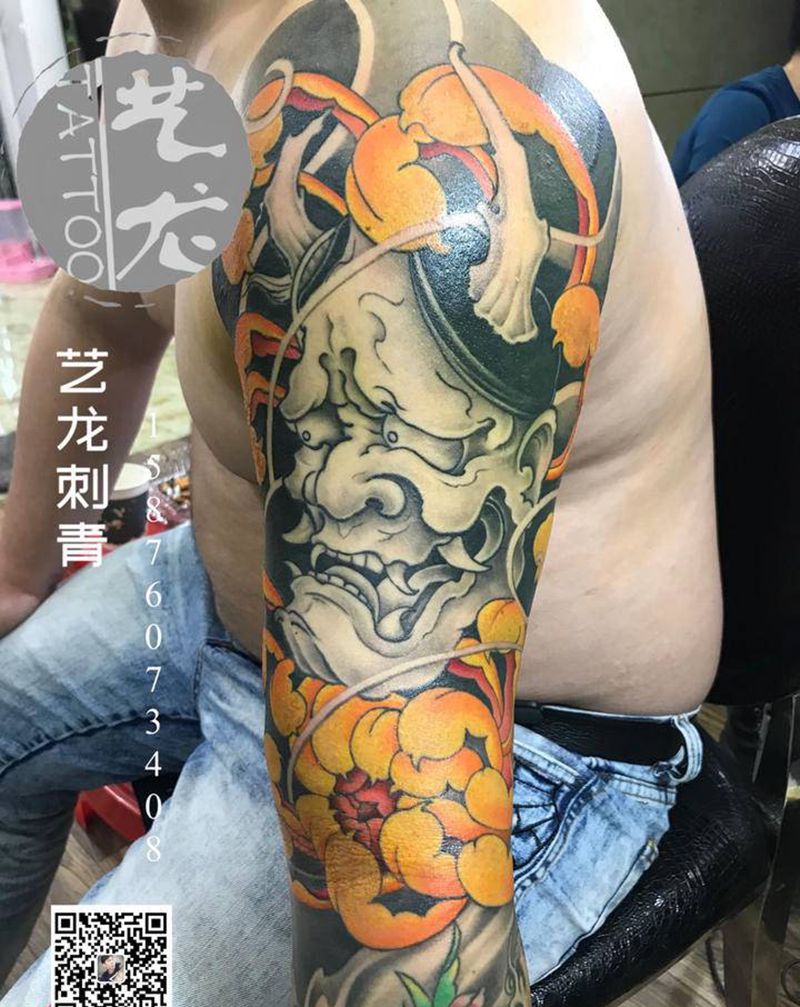 般若花臂纹身图片_手臂新传统纹身图案