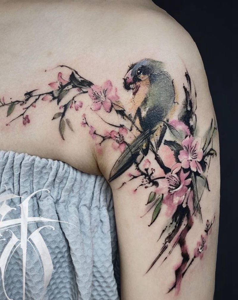 花鸟纹身图片_手臂水墨纹身图案