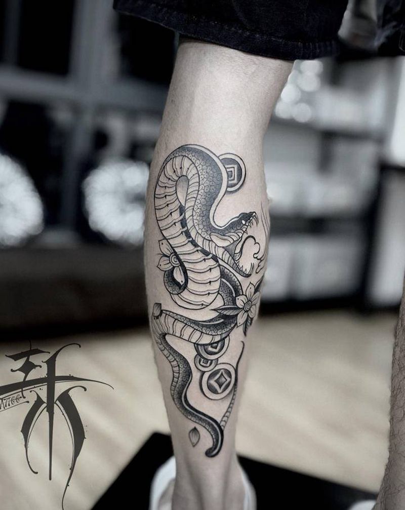 蛇纹身图片_脚部Old School纹身图案