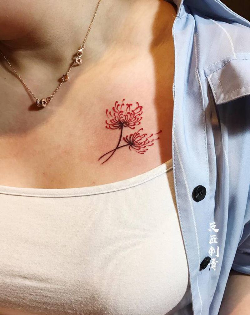彼岸花纹身图片_胸部水彩纹身图案