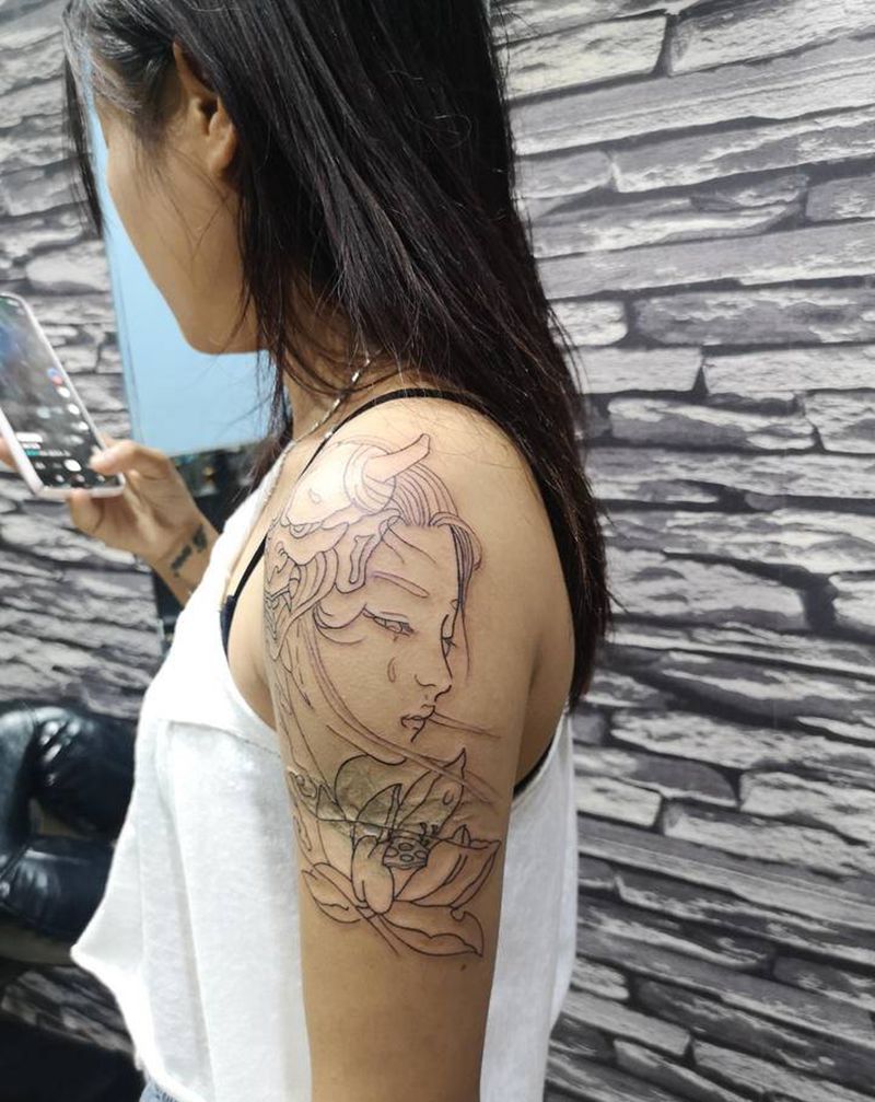 艺妓般若线条纹身图片_手臂新传统纹身图案