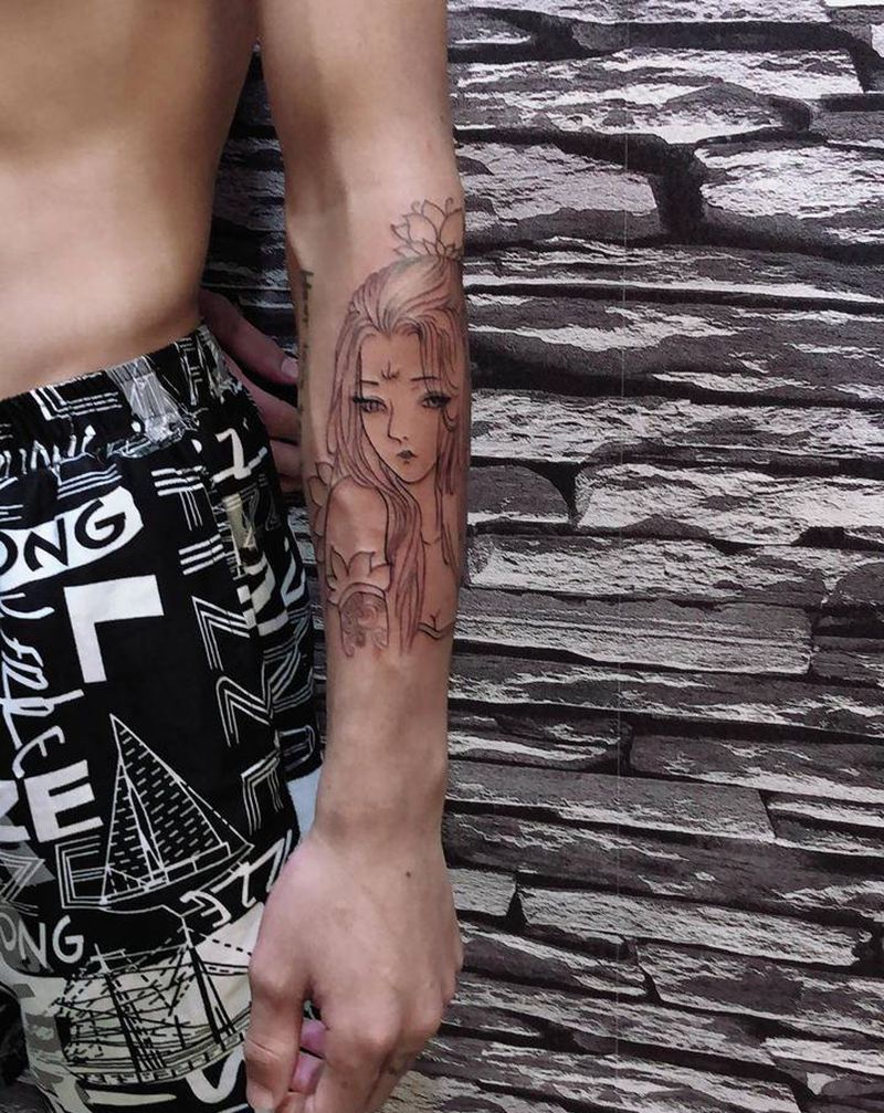 艺妓线条纹身图片_手臂新传统纹身图案