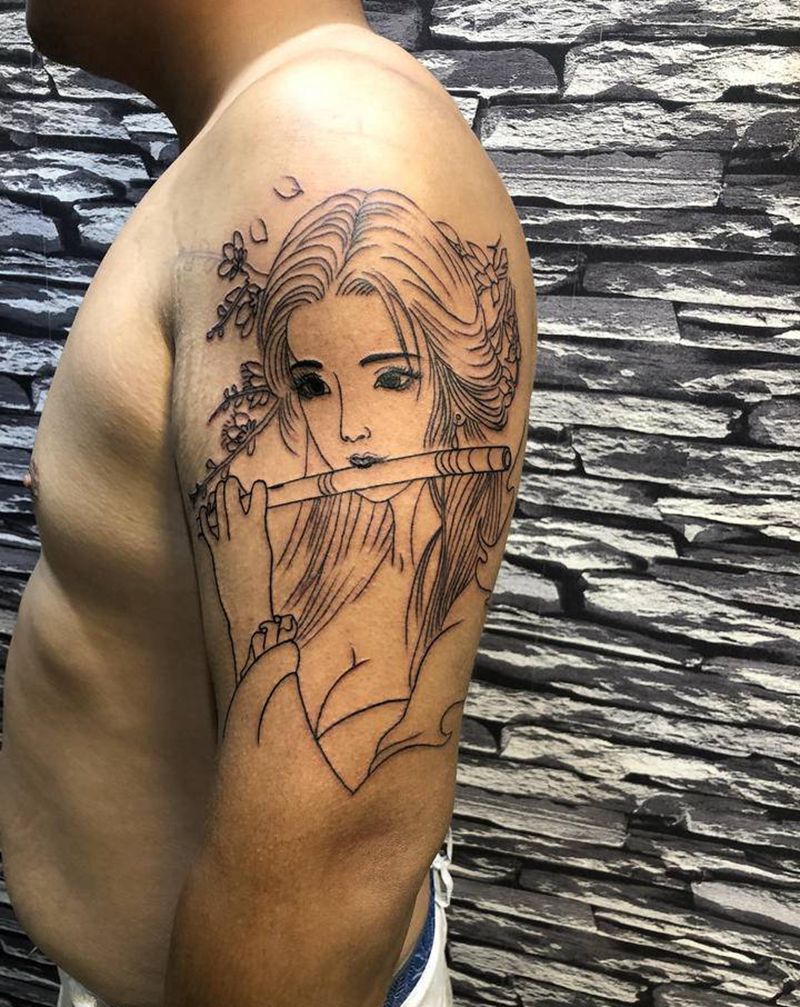 艺妓线条纹身图片_手臂新传统纹身图案