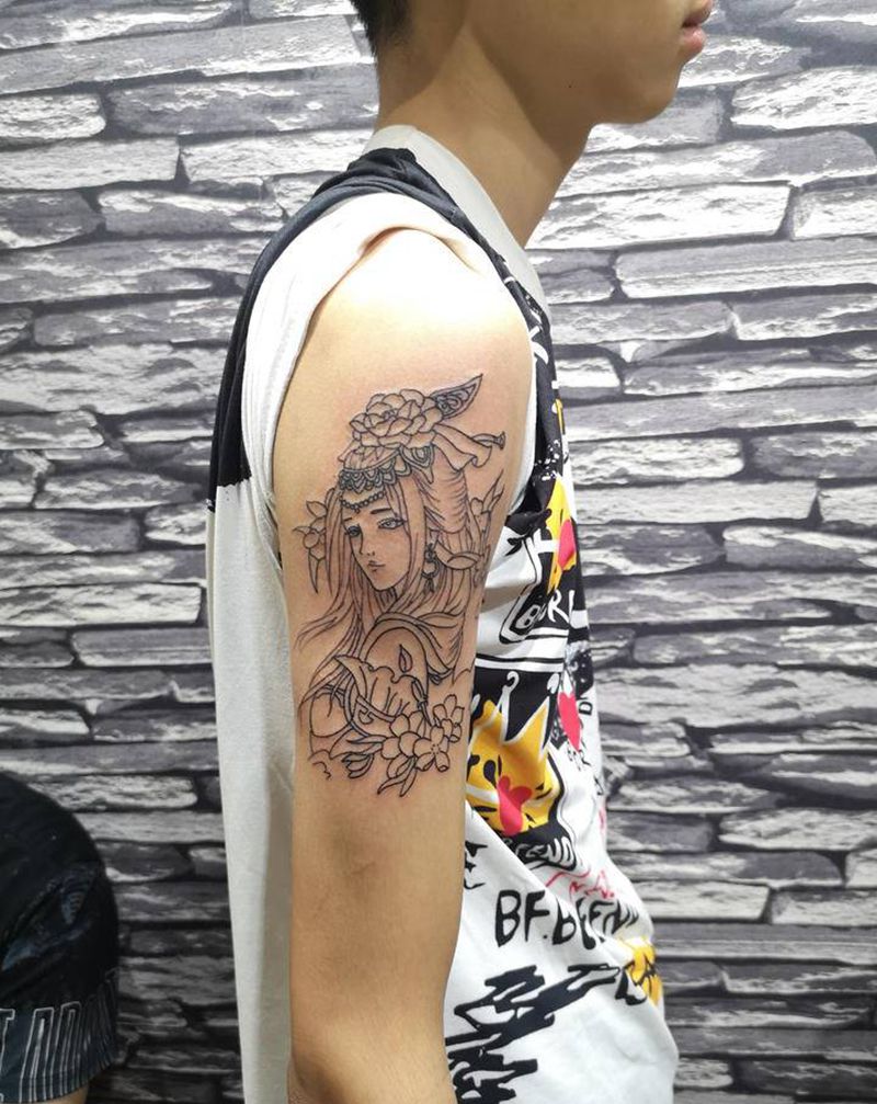 艺妓线条纹身图片_手臂新传统纹身图案