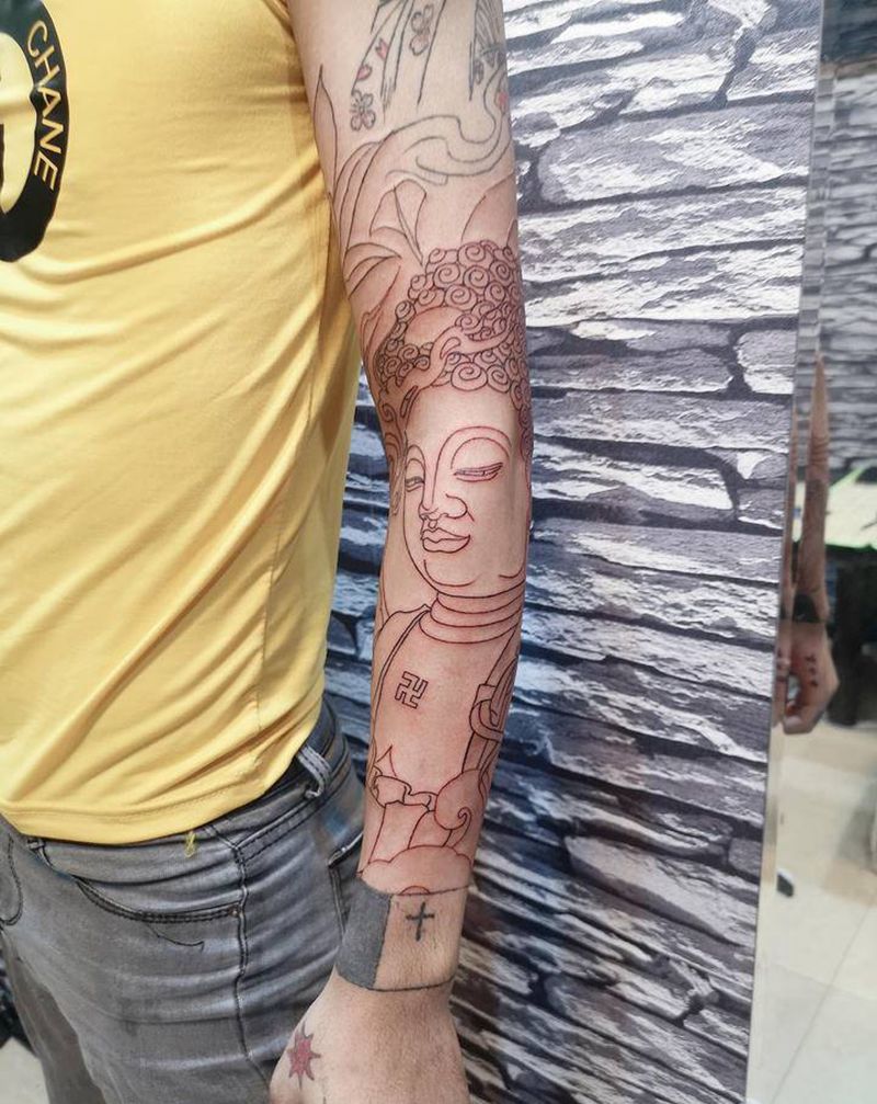 佛线条纹身图片_手臂新传统纹身图案