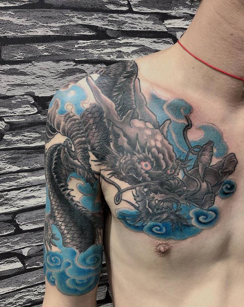 过肩苍龙纹身图片_肩部新传统纹身图案