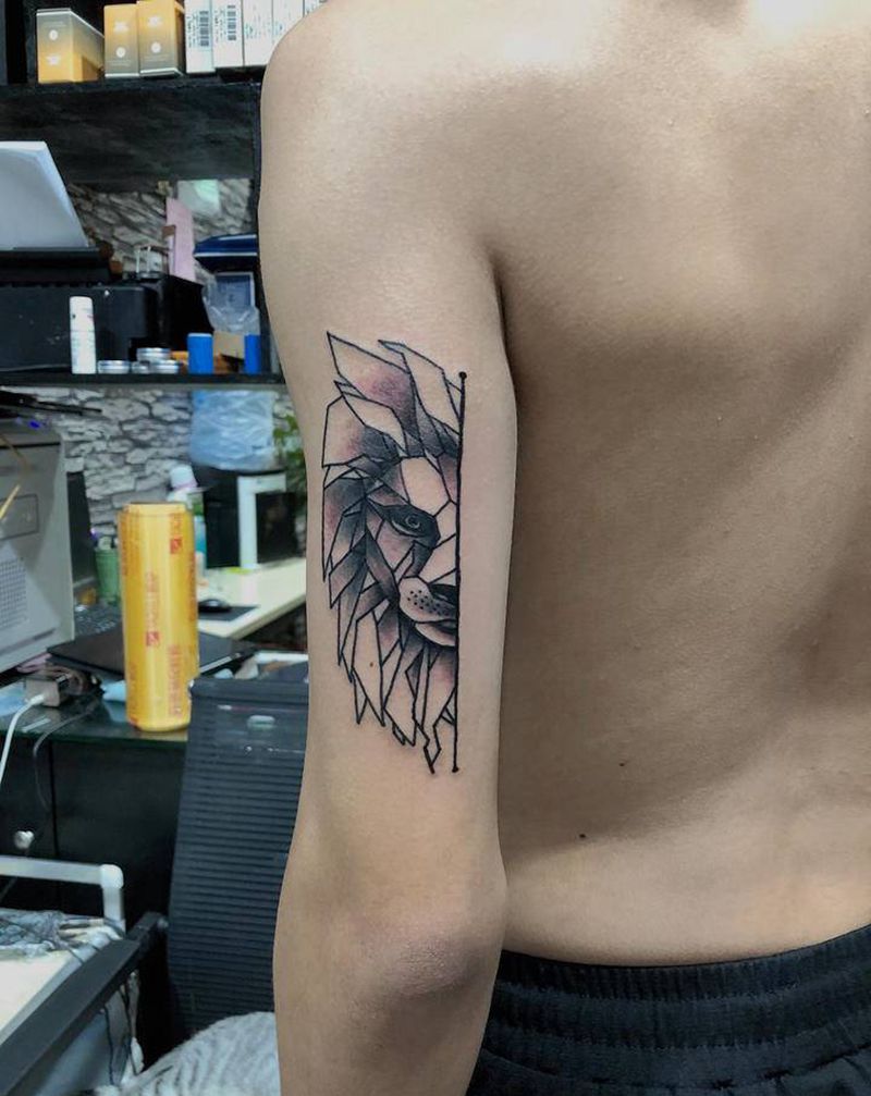 几何狮子半个头纹身图片_手臂几何水墨纹身图案