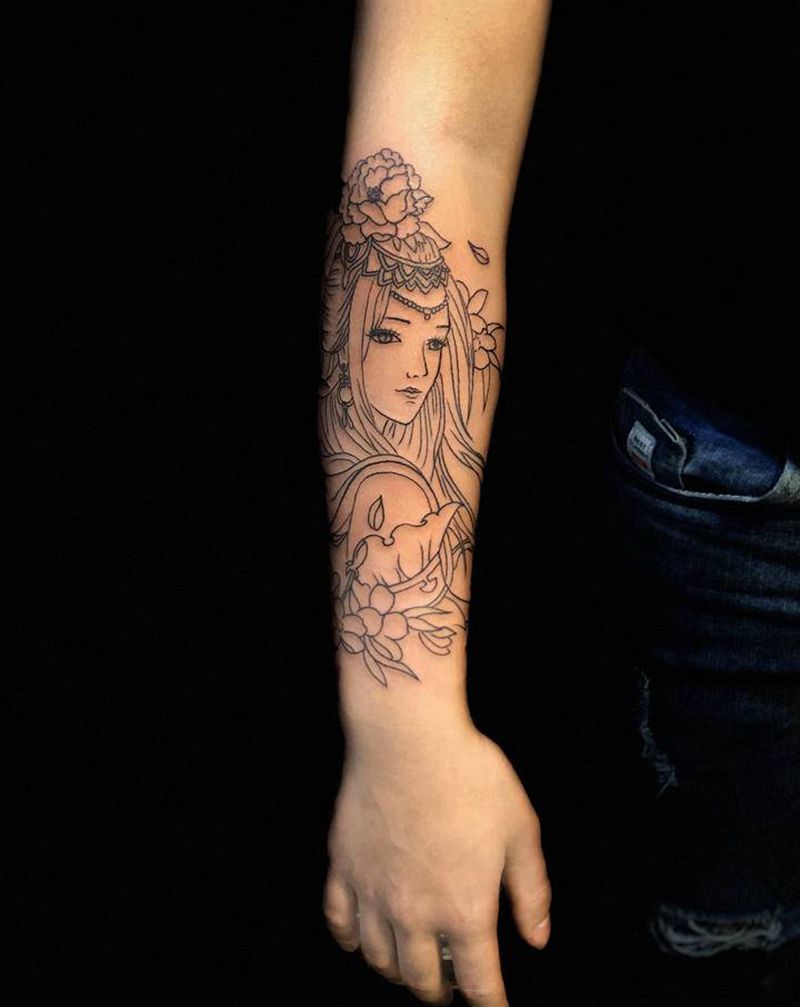 艺妓线条纹身图片_手臂新传统纹身图案