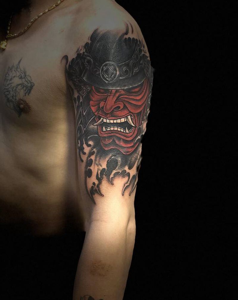 鬼武士遮盖旧纹身纹身图片_手臂新传统纹身图案