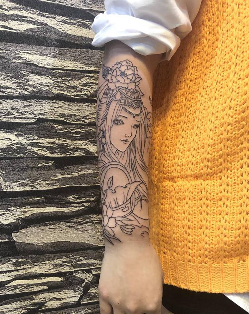 艺妓线条纹身图片_手臂新传统纹身图案