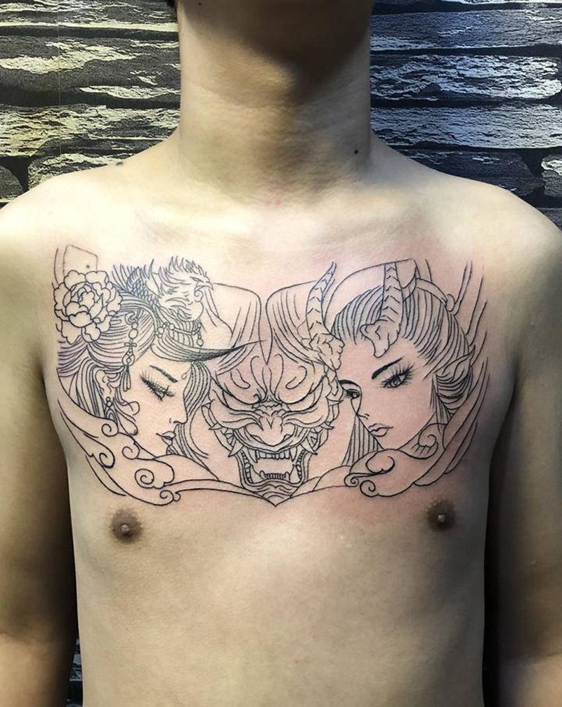 艺妓般若花胸纹身图片_胸部新传统纹身图案