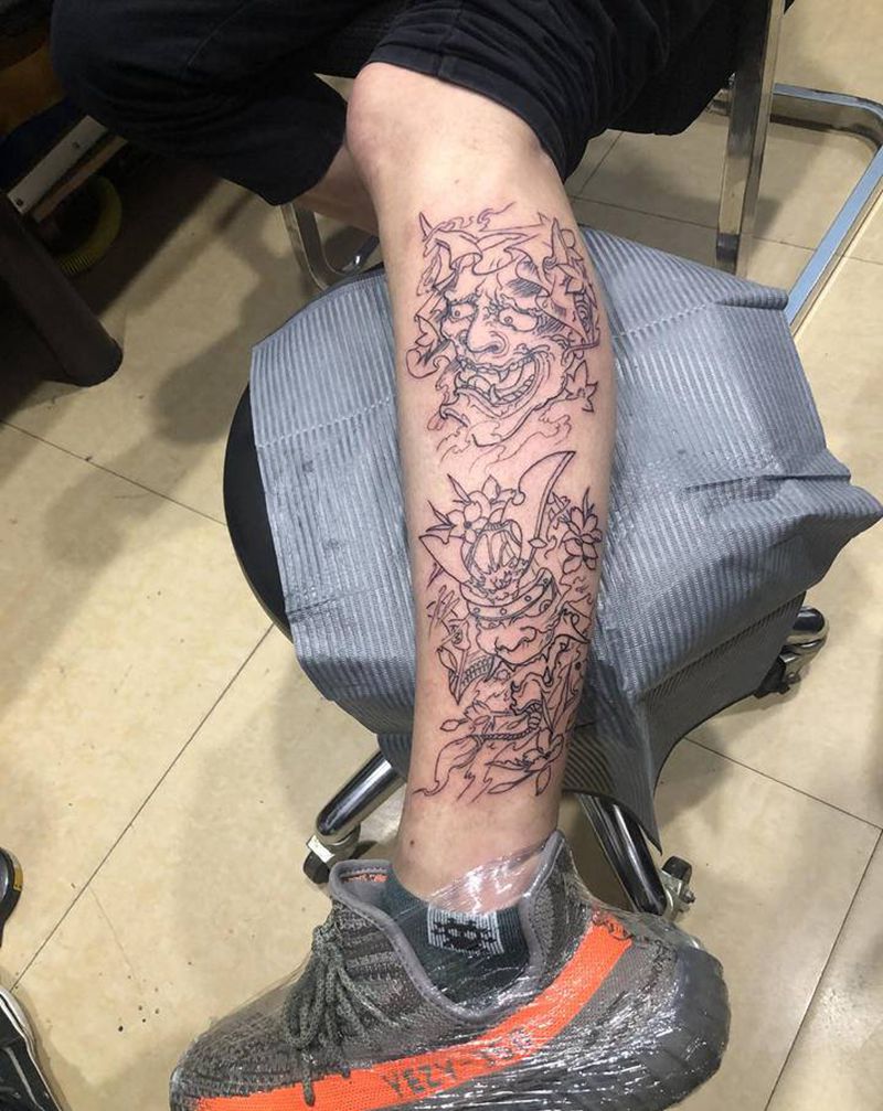 般若鬼武士纹身图片_腿部新传统纹身图案