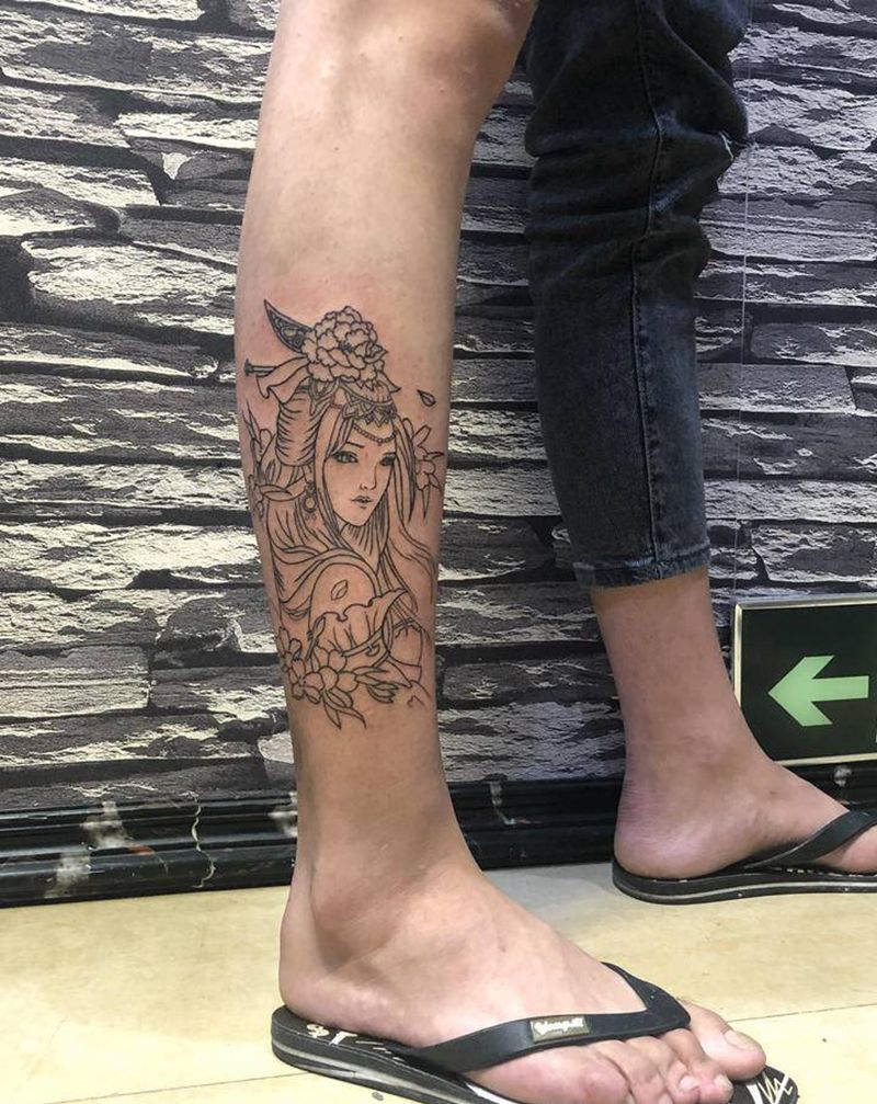 艺妓线条纹身图片_腿部新传统纹身图案