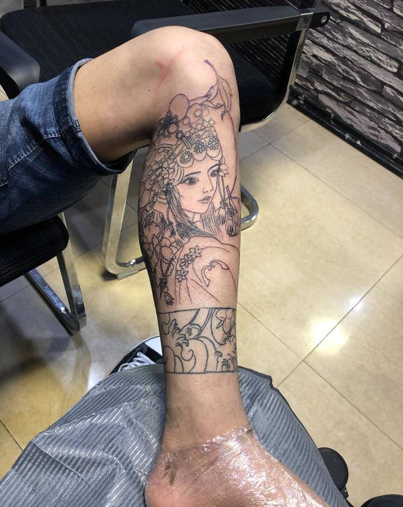 花旦线条纹身图片_腿部新传统纹身图案