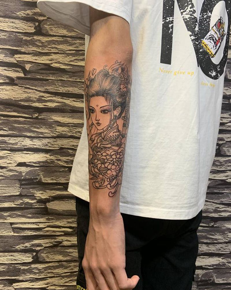 美女刺客纹身图片_手臂新传统纹身图案