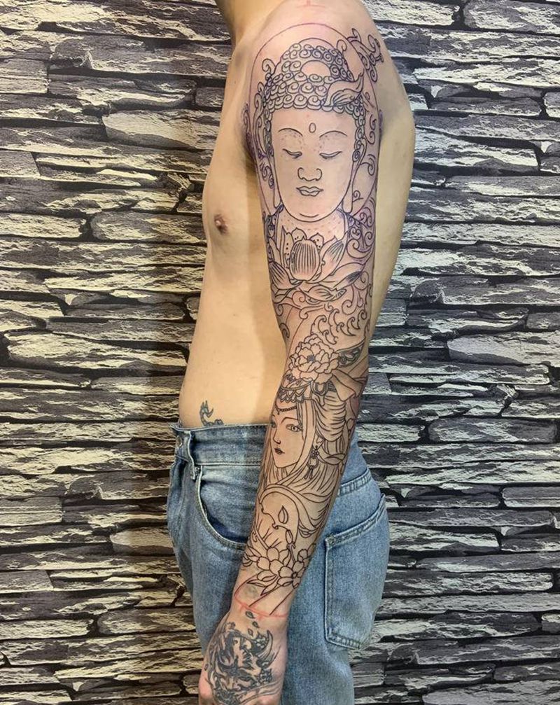 佛与妲己纹身图片_手臂新传统纹身图案