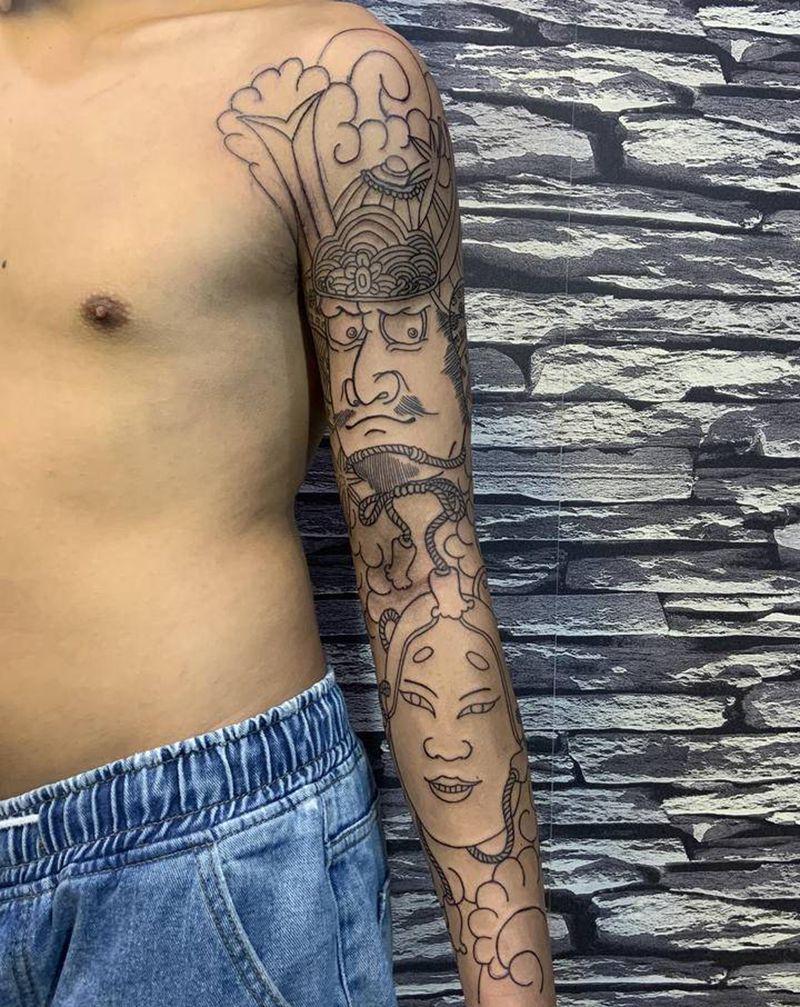 武士与能面纹身图片_老传统纹身图案