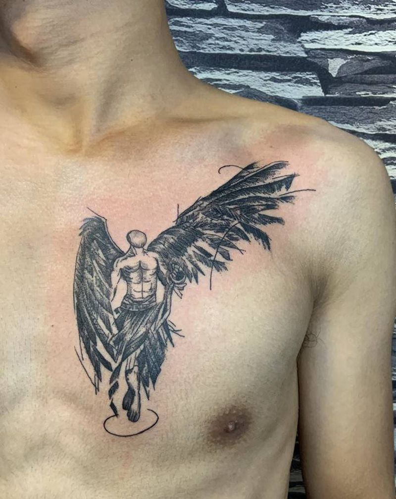 天使之翼纹身图片_胸部欧美写实纹身图案
