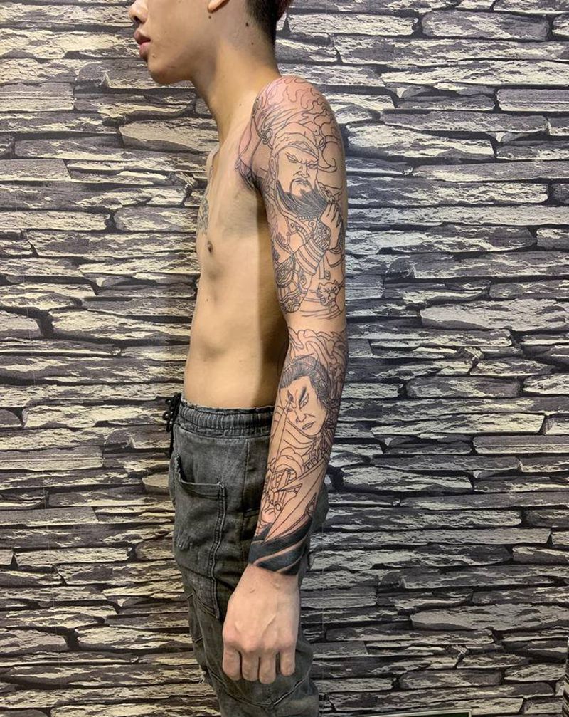 关公二郎花臂纹身图片_手臂新传统纹身图案