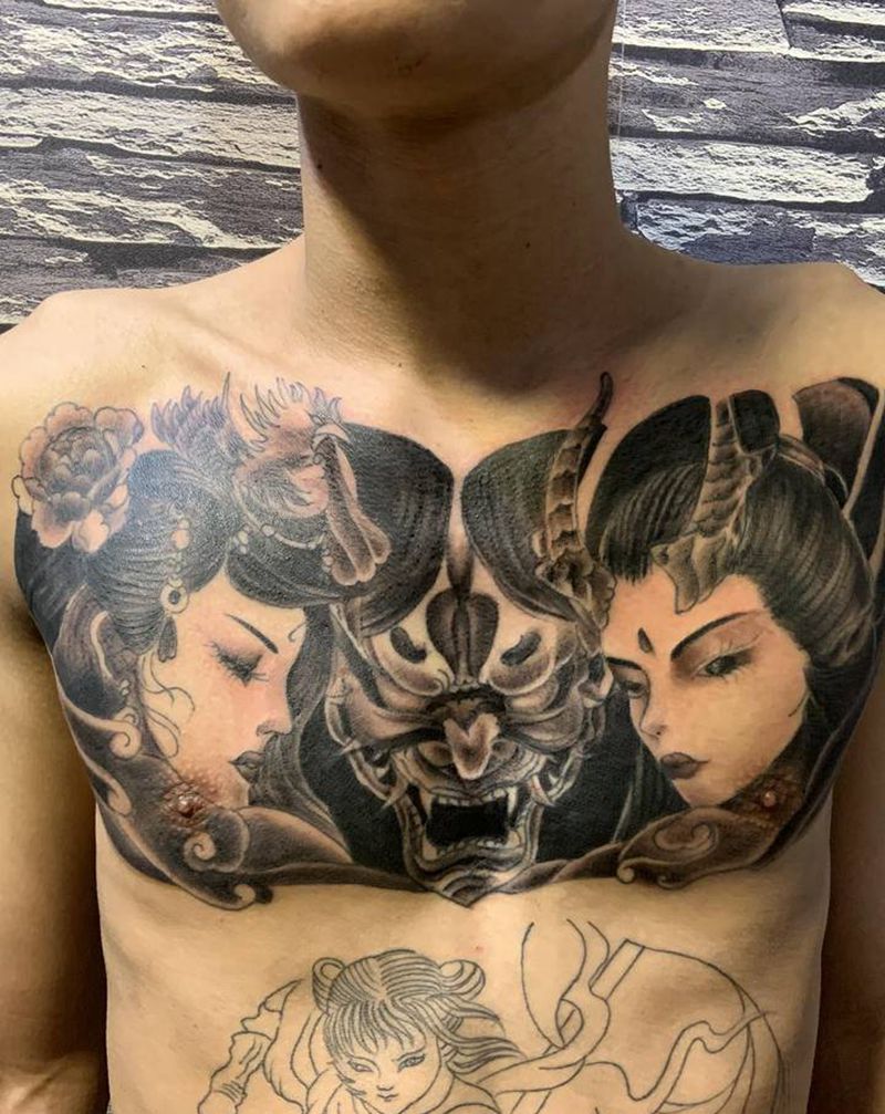 艺妓般若花胸纹身图片_胸部新传统纹身图案