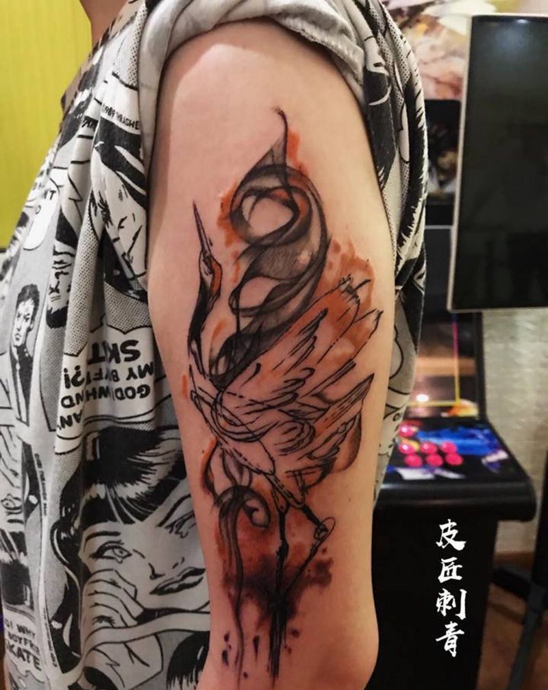 仙鹤纹身纹身图片_手臂新传统水墨纹身图案