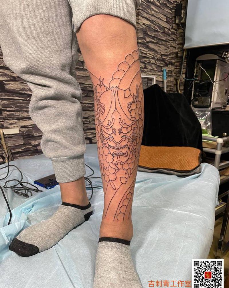 般若樱花老传统线条纹身图片_腿部老传统纹身图案
