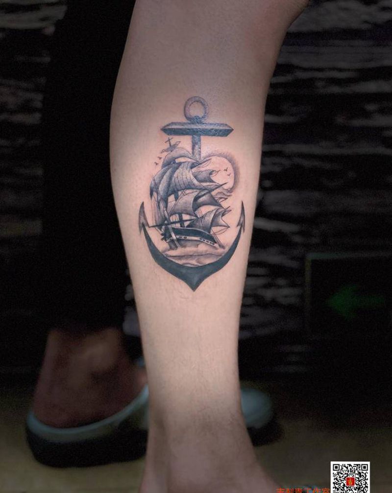船⚓️纹身图片_腿部欧美写实纹身图案