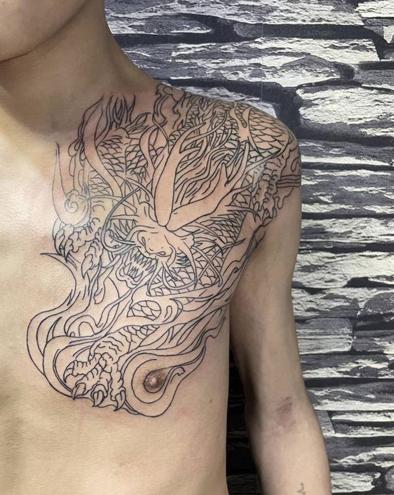 貔貅线条纹身图片_胸部老传统纹身图案