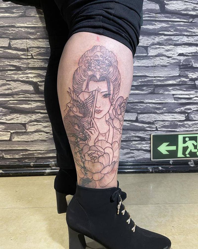紫霞仙子遮盖旧纹身纹身图片_腿部新传统水墨纹身图案