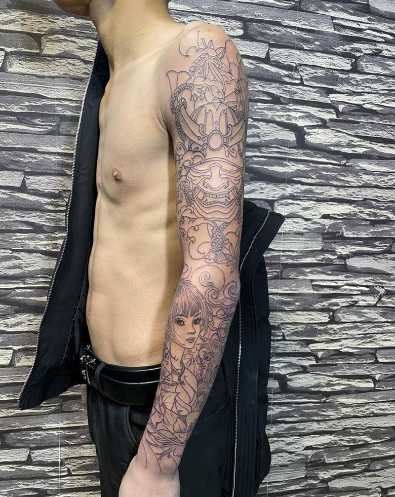鬼武士➕艺妓纹身图片_手臂新传统纹身图案