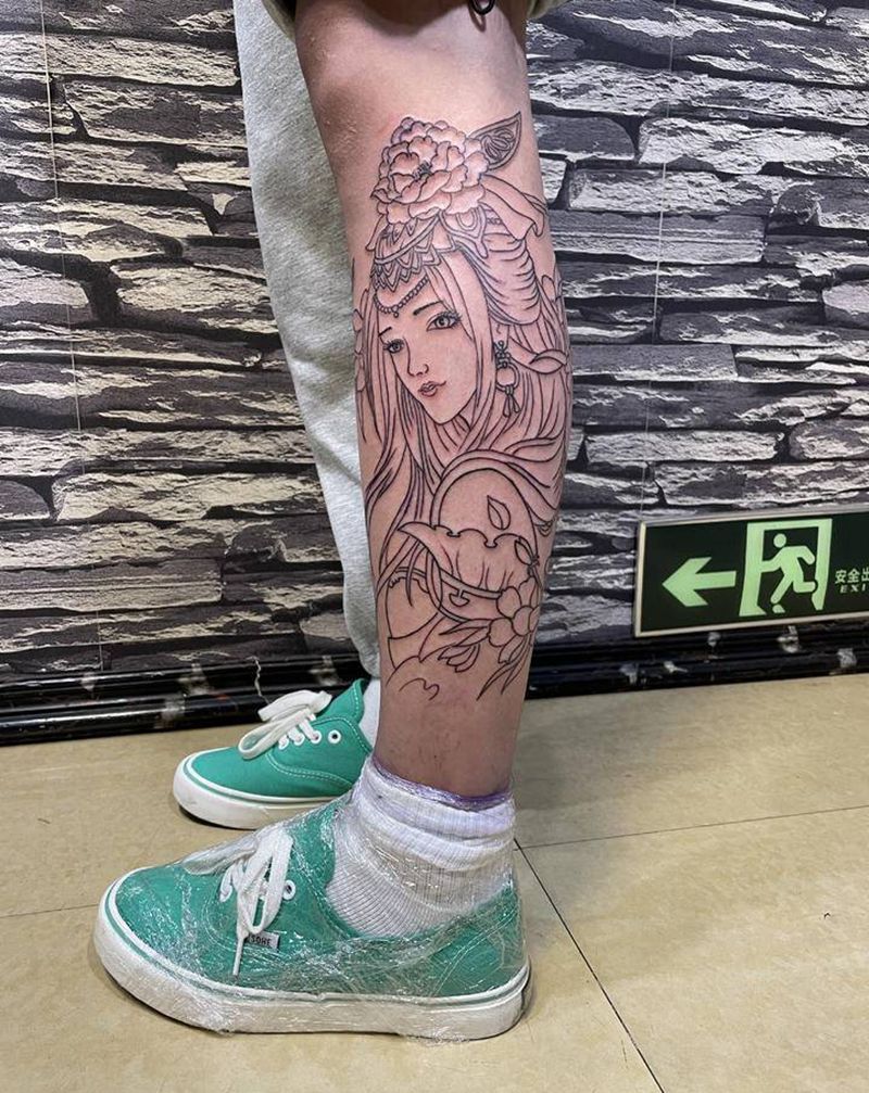 艺妓啊暮纹身图片_腿部新传统纹身图案