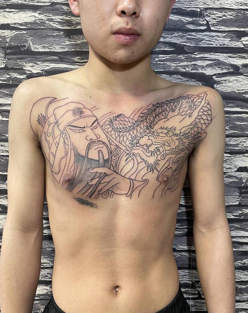 关公龙胸纹身图片_胸部老传统新传统纹身图案