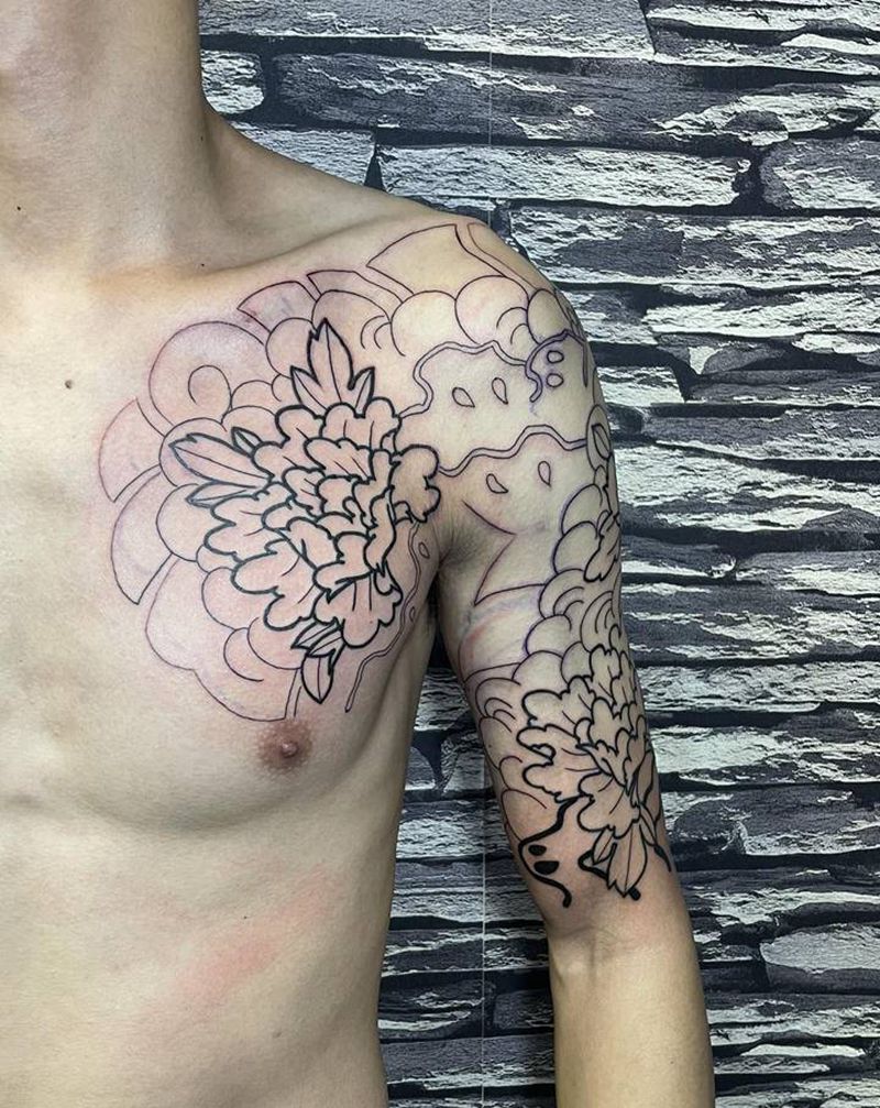 牡丹主题半甲线条纹身图片_手臂老传统纹身图案