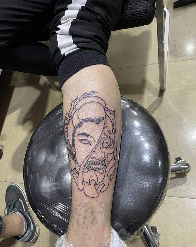 艺般线条纹身图片_腿部新传统老传统纹身图案