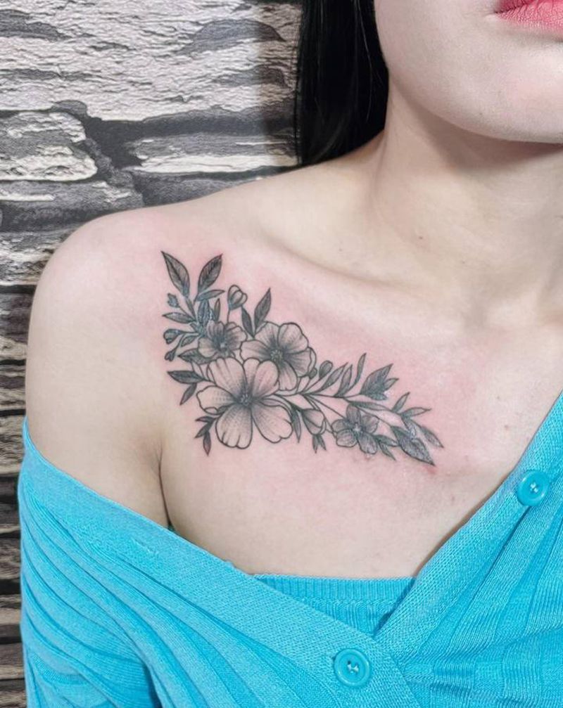 锁骨素花纹身图片_点刺纹身图案