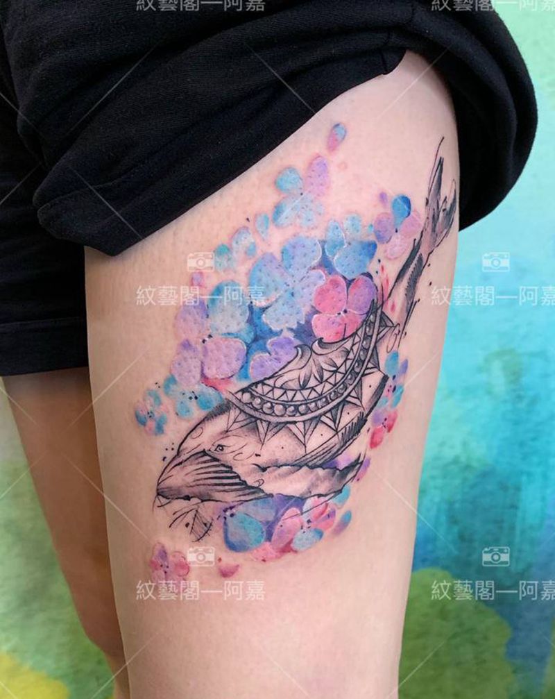 鲸、水彩纹身图片_腿部脚部水彩纹身图案