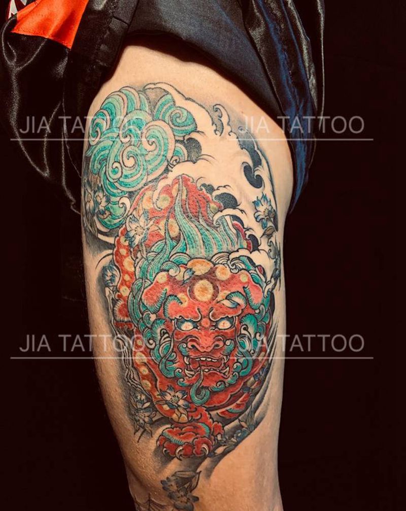 唐狮纹身图片_腿部脚部新传统老传统纹身图案