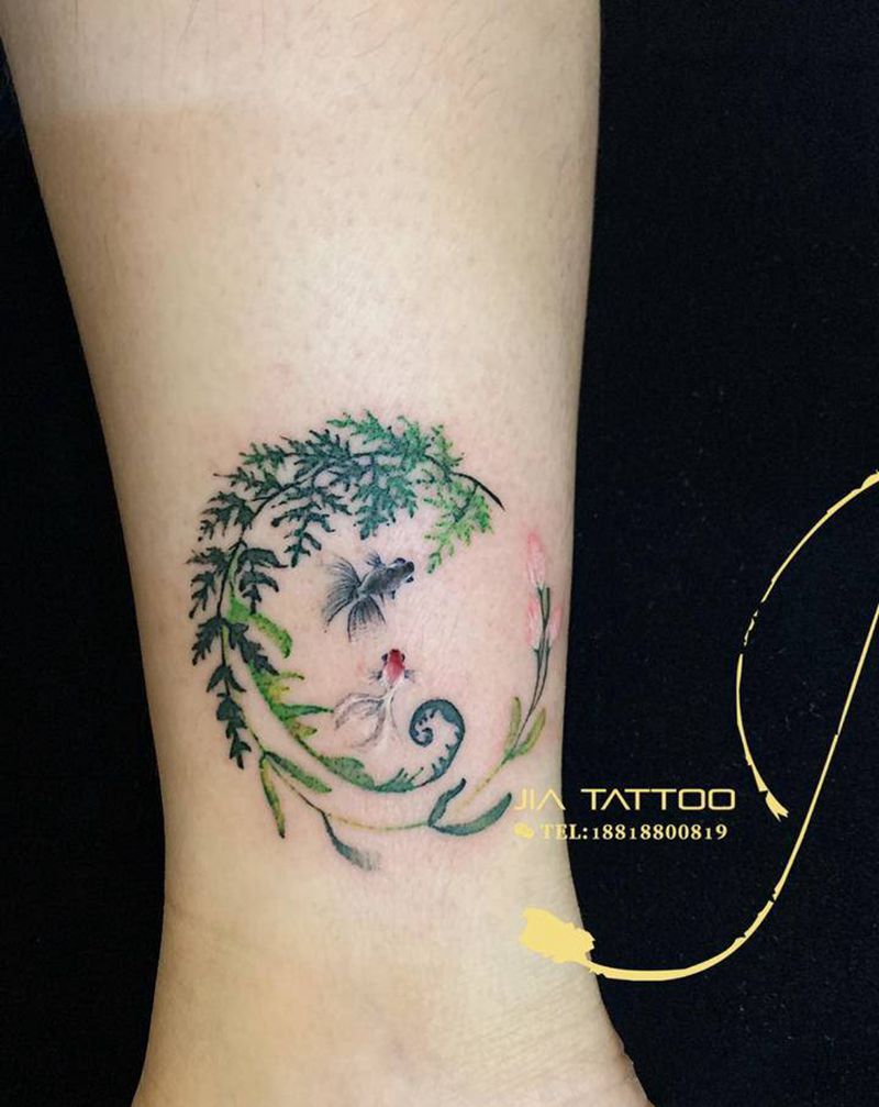 彩墨风纹身图片_脚部腿部水彩纹身图案