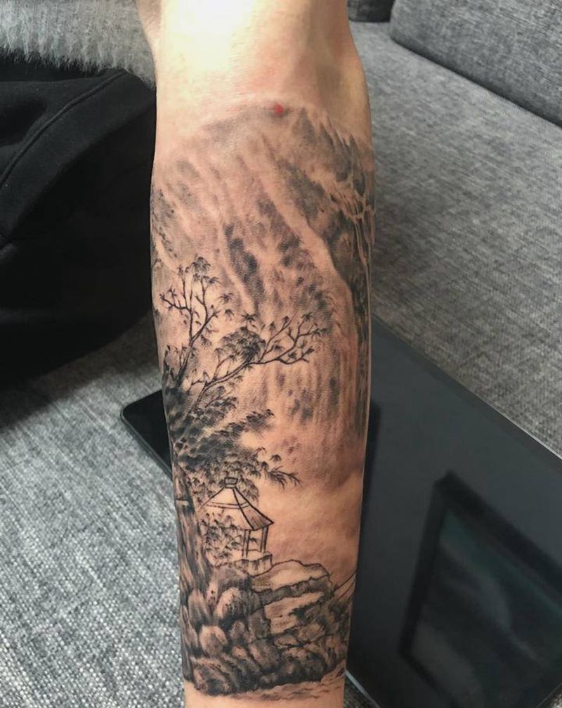 山水纹身纹身图片_手部手臂水墨山水纹身图案